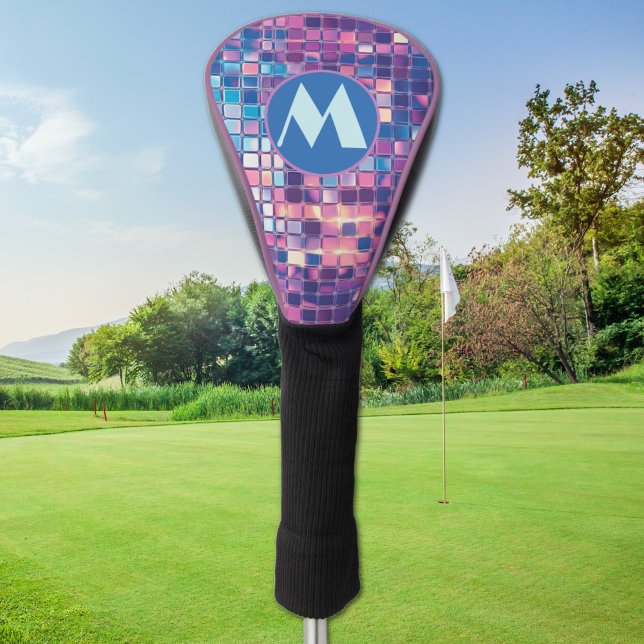 Groovy Blue & Purple Disco Ball Personalised Golf Head Cover (groovy blue and purple disco ball personalized monogram golf club driver cover)