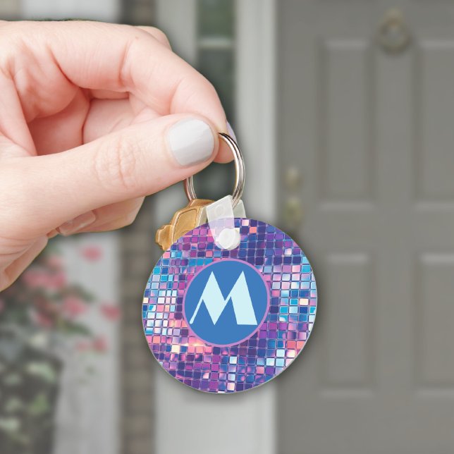 Groovy Blue & Purple Disco Ball Personalised Key Ring (groovy blue and purple disco ball monogram personalized key chain)