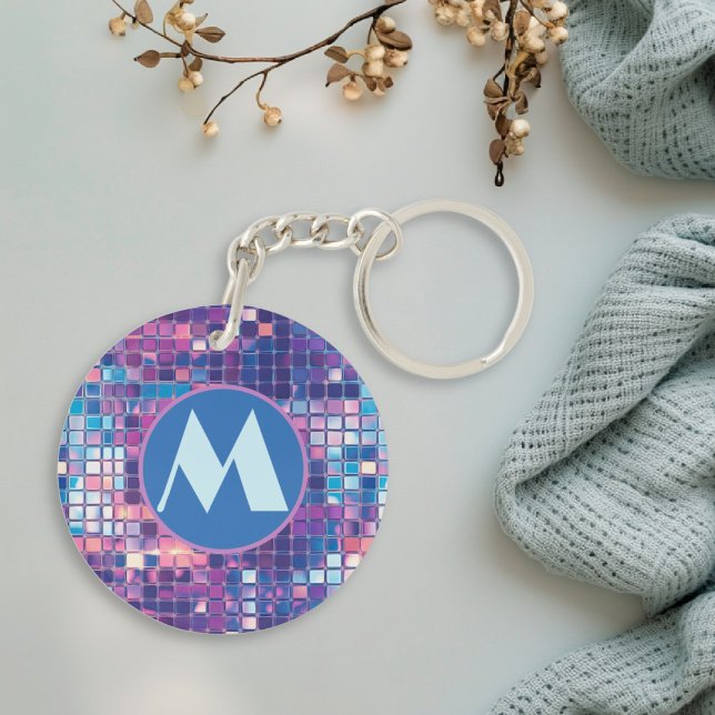Groovy Blue & Purple Disco Ball Personalised Key Ring (groovy blue and purple disco ball personalized monogram acrylic keychain)