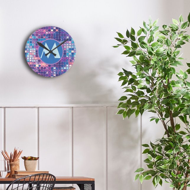 Groovy Blue & Purple Disco Ball Personalised Round Clock (groovy blue and purple disco ball personalized monogram wall clock)