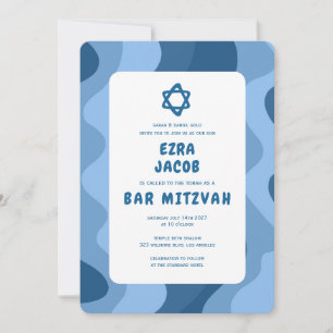 Groovy Blue Waves Star of David Custom Bar Mitzvah Invitation