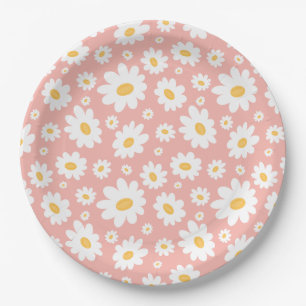 Groovy Blush Boho Daisy Floral Garden Pattern Paper Plate