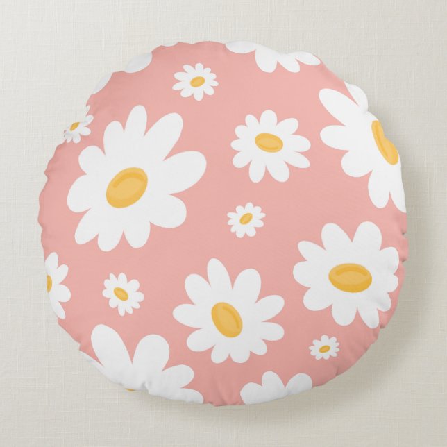 Groovy Blush Boho Daisy Floral Garden Pattern Round Cushion (Front)