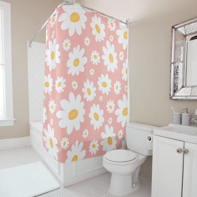 Groovy Blush Boho Daisy Floral Garden Pattern Shower Curtain (In Situ)
