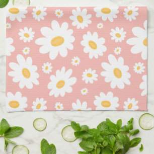 Groovy Blush Boho Daisy Floral Garden Pattern Tea Towel