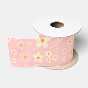 Groovy Blush Boho Daisy Floral Garden Pattern Wrap Satin Ribbon