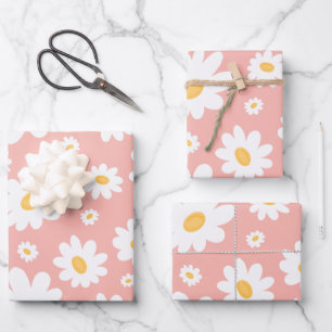 Groovy Blush Boho Daisy Floral Garden Pattern Wrapping Paper Sheet