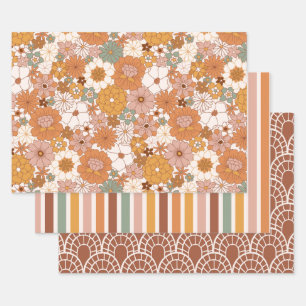 Groovy Boho 70s Flowers Pattern Wrapping Paper Sheet