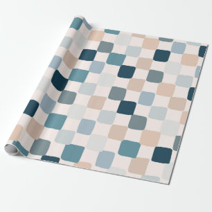 Groovy Boho Blue and Peach Hand-Drawn Mosaic Wrapping Paper