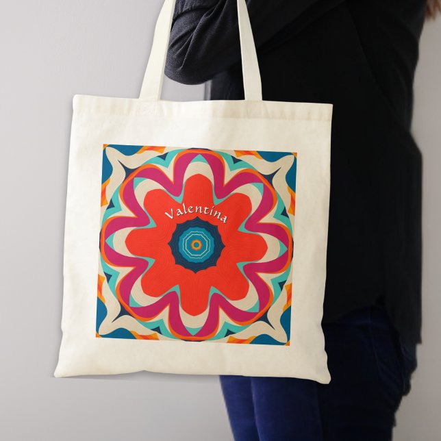 Groovy Boho Flower Colourful Personalised Tote Bag (A groovy tote bag with vibrant abstract red flower design on both sides, personalized with a name)