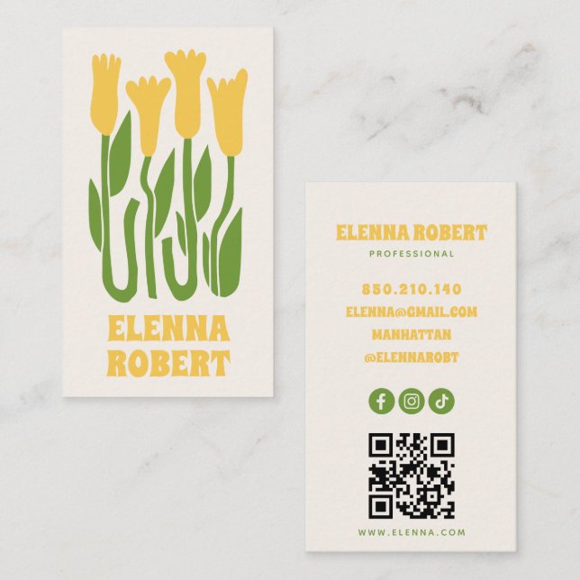 groovy boho flowers script business card (Front/Back)