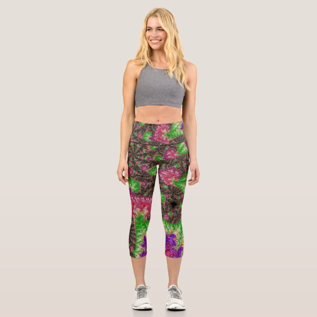 Groovy Boho Hippie Funky Spiral Fractal Art Capri Leggings (Front)