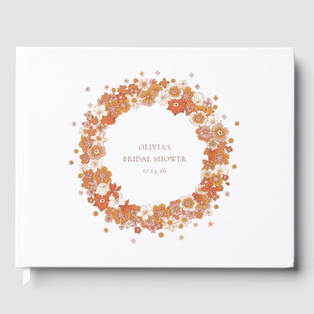 Groovy Boho Orange Floral Bridal Shower Custom  Guest Book (Front)