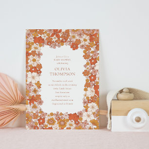 Groovy Boho Orange Floral Frame Cute Baby Shower Invitation