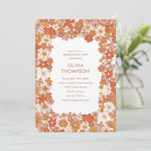 Groovy Boho Orange Floral Frame Graduation Party Invitation