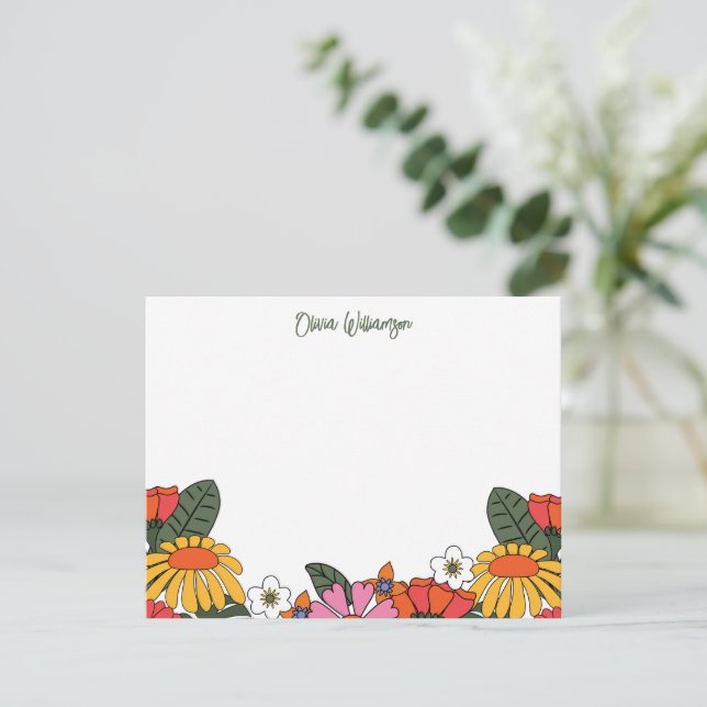 Groovy Boho Retro Flowers Personalised Stationery Card (Standing Front)