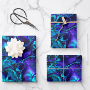 Groovy Boho Vibrant Blue Monochrome Fractal Marble Wrapping Paper Sheet