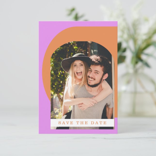 Groovy Bold Fun Typography Pink Orange Photo  Save The Date (Standing Front)