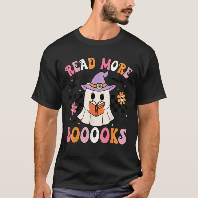 Groovy Booooks Ghost Read More Books Funny Teacher T-Shirt (Front)