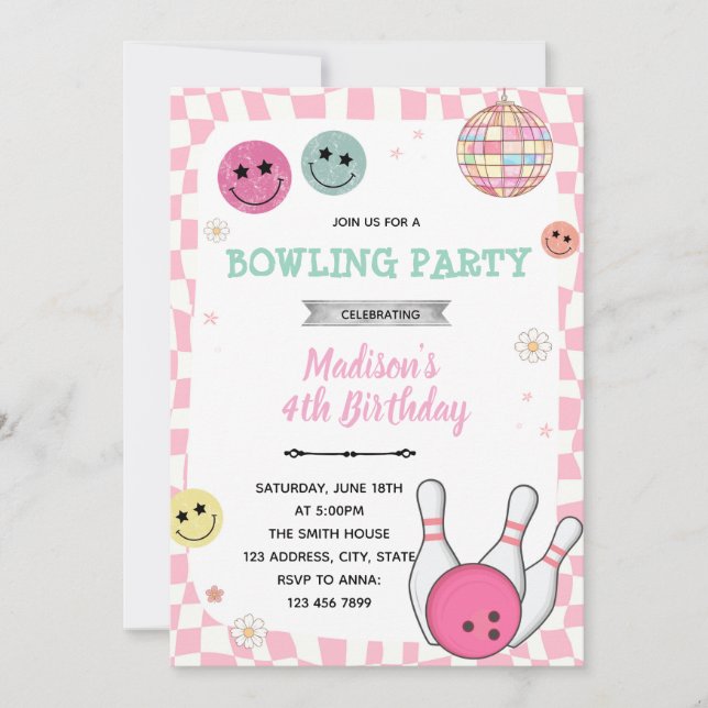 Groovy bowling party invitation (Front)