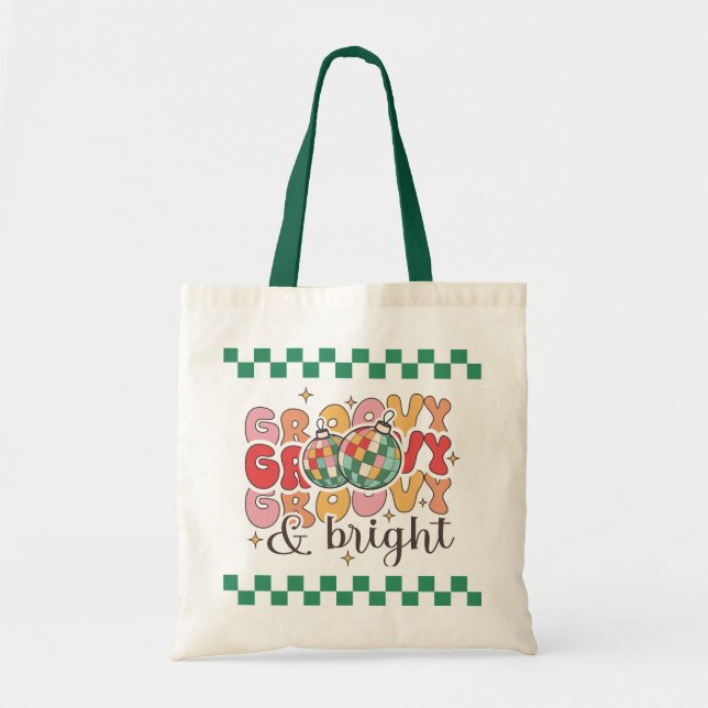 Groovy & Bright Retro Christmas Disco Glitter Ball Tote Bag (Front)