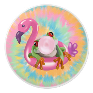 Groovy Bubblegum Blowing Tree Frog Tie Dye Ceramic Knob