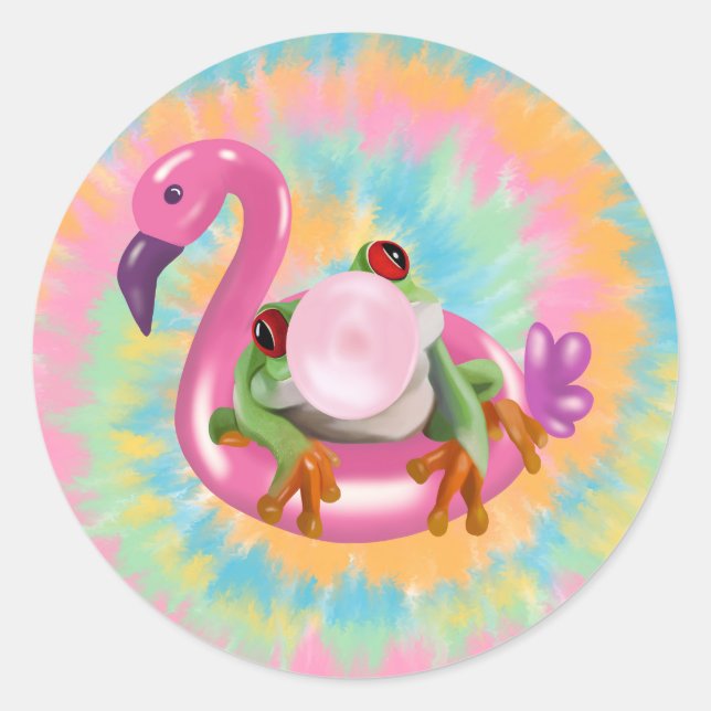 Groovy Bubblegum Blowing Tree Frog Tie Dye  Classic Round Sticker (Front)