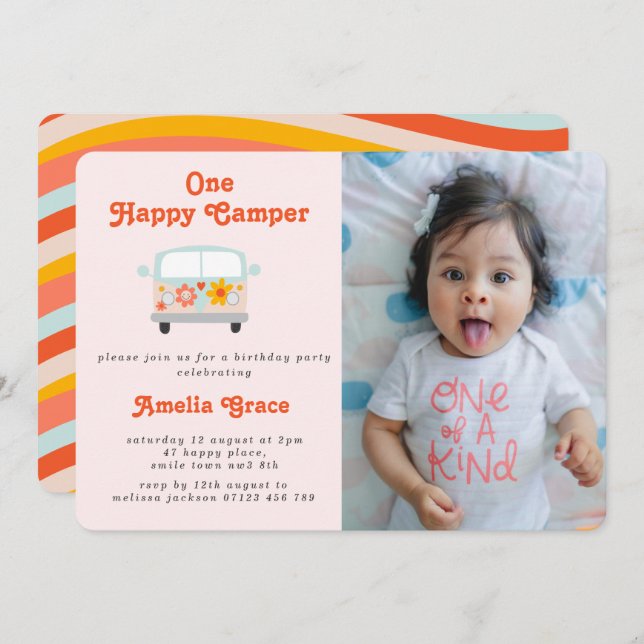 Groovy Camper Van Girls 1st Birthday Photo Invitation (Front/Back)