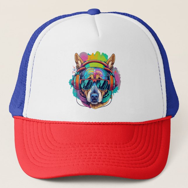 Groovy Canine Vibes : Cool Dog with Headphones Trucker Hat (Front)