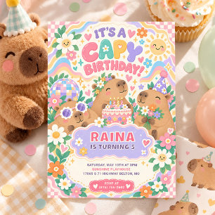 Groovy Capybara Birthday Party Retro Pastel Floral Invitation