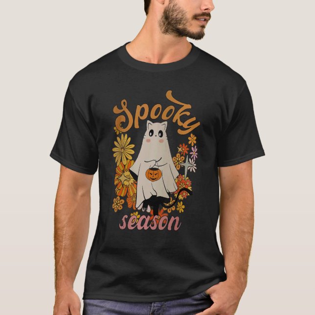 Groovy Cat Ghost Spooky Season Cat Lover T-Shirt (Front)