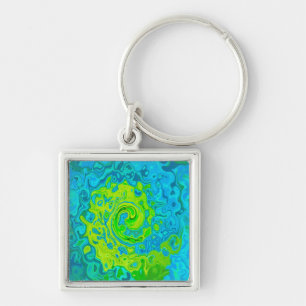 Groovy Chartreuse and Aquamarine Liquid Swirl Key Ring