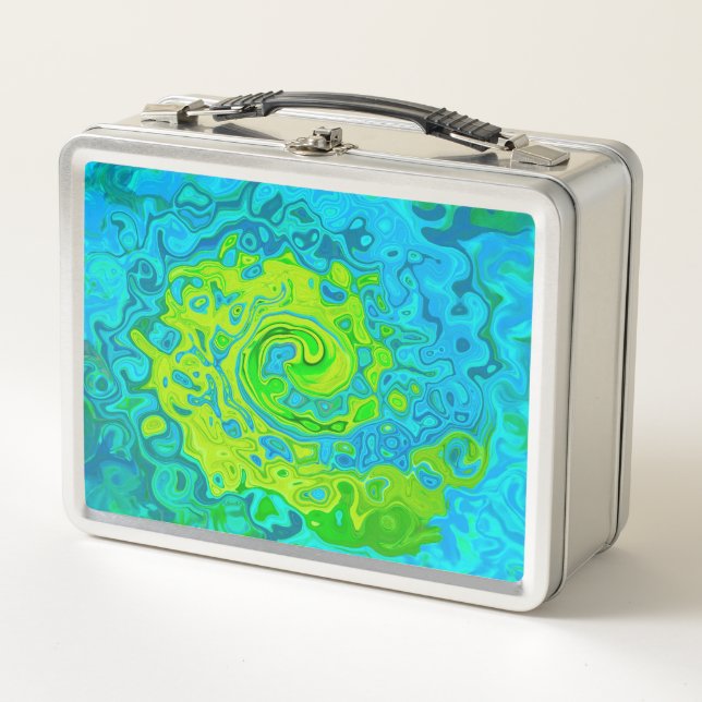 Groovy Chartreuse and Aquamarine Liquid Swirl Metal Lunch Box (Front)