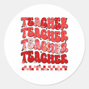 Groovy Chequered Heart Teacher Valentines Day Mens Classic Round Sticker