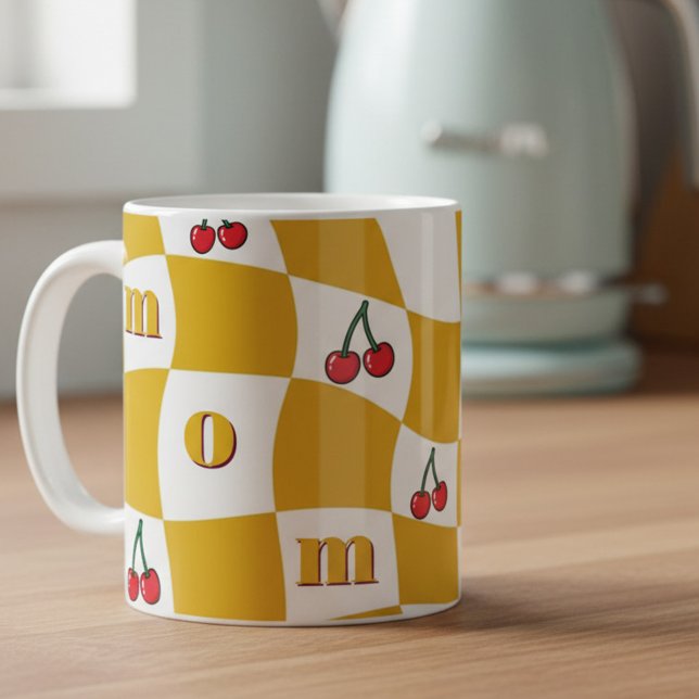 Groovy Cherry Chequerboard Kitchen Kitsch Mum Coffee Mug (Groovy Mom Mug with checkerboard and cherries by Darling & May)