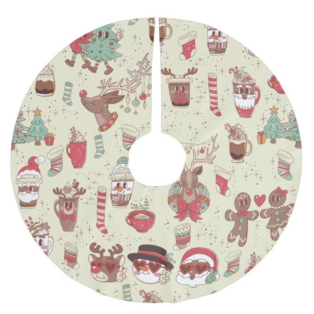 groovy christmas black santa snowman reindeer  brushed polyester tree skirt (Front)