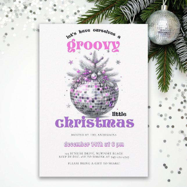 Groovy Christmas Disco Ball Pink Christmas Party Invitation (christmas party invitation corporate business disco ball groovy 70s hot pink black elegant fun)