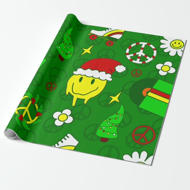 groovy christmas happy face santa 1970s  wrapping paper (Unrolled)