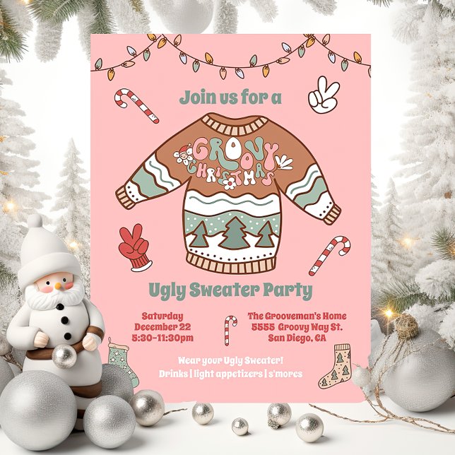 Groovy Christmas Hippie Ugly Sweater Party Invitation (Creator Uploaded)