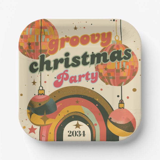 Groovy Christmas Party Retro 70's Theme Paper Plate (Front)