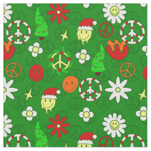 groovy christmas peace sign happy face  fabric