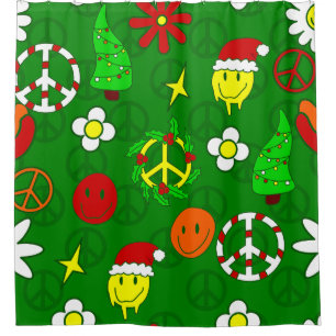 groovy christmas peace sign happy face shower curtain