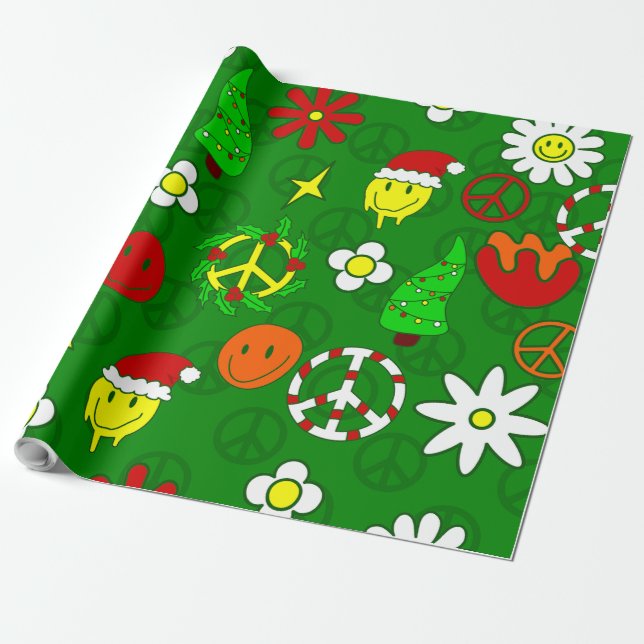 groovy christmas peace sign happy face wrapping paper (Unrolled)