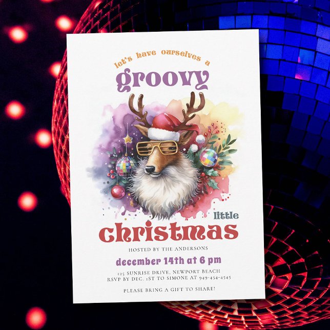 Groovy Christmas Reindeer Funny Christmas Party Invitation (groovy little christmas hippie disco reindeer 70s nostalgia retro vintage party invitation)