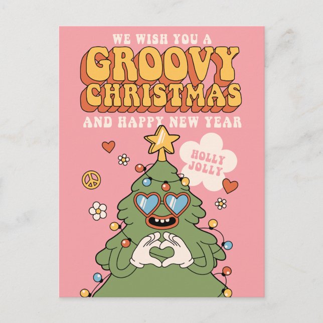 Groovy Christmas Tree - Holly Jolly Vibes Holiday Postcard (Front)