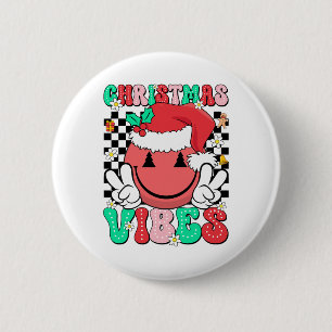 Groovy Christmas Vibes Smile Face Santa Hat Xmas T 6 Cm Round Badge