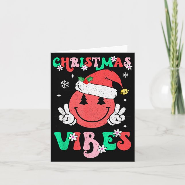 Groovy Christmas Vibes Smile Face Santa Hat Xmas T Card (Front)