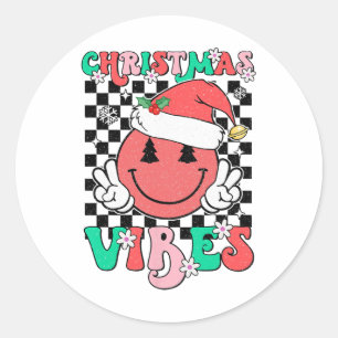 Groovy Christmas Vibes Smile Face Santa Hat Xmas T Classic Round Sticker