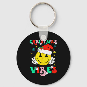 Groovy Christmas Vibes Smile Face Santa Hat Xmas T Key Ring