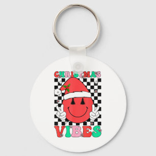 Groovy Christmas Vibes Smile Face Santa Hat Xmas T Key Ring